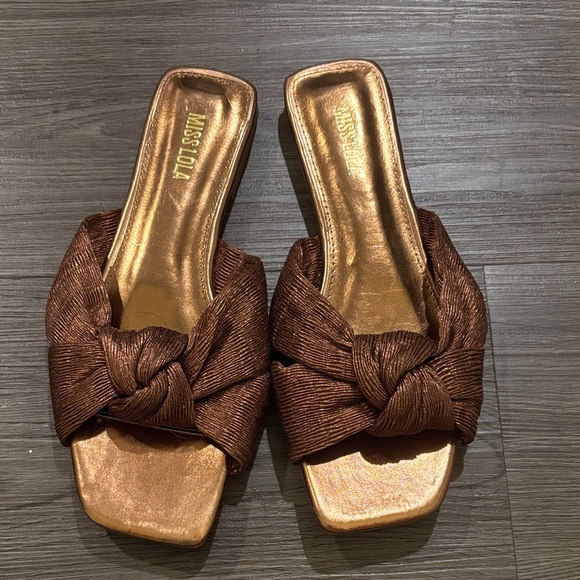 Miss Lola Bronze Knotted Slide Sandals - Picture 1 of 5